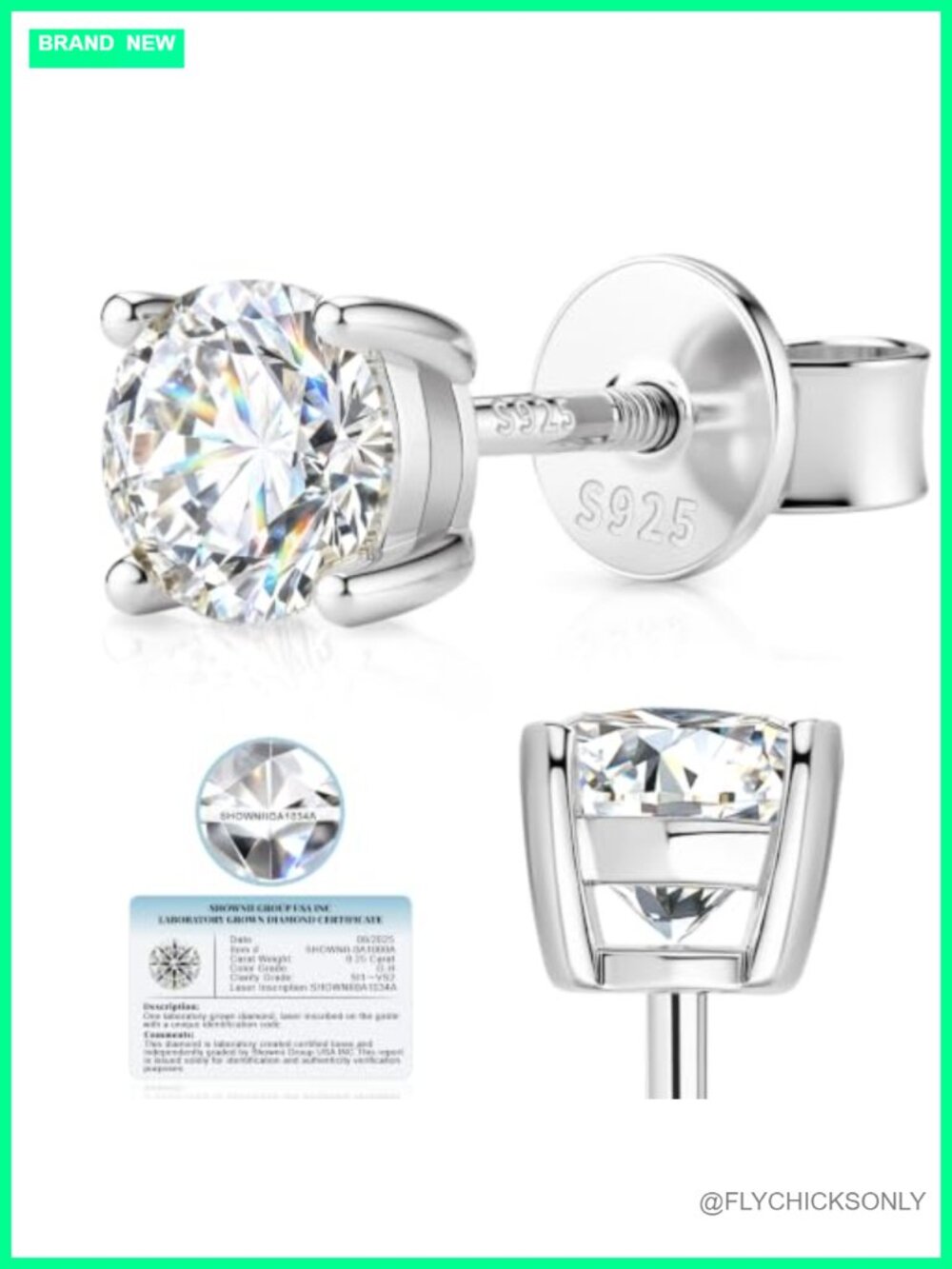 Lab Grown Diamond Stud Earrings 0.5CT Screw Back 14K Gold Plated S925 Silver